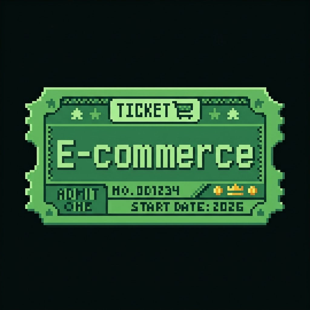 A retro pixel-art ticket graphic reading "E-commerce" on a black background.