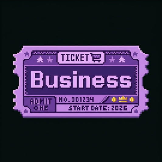 Pixel art style business ticket design in shades of purple and lavender on a solid black background.