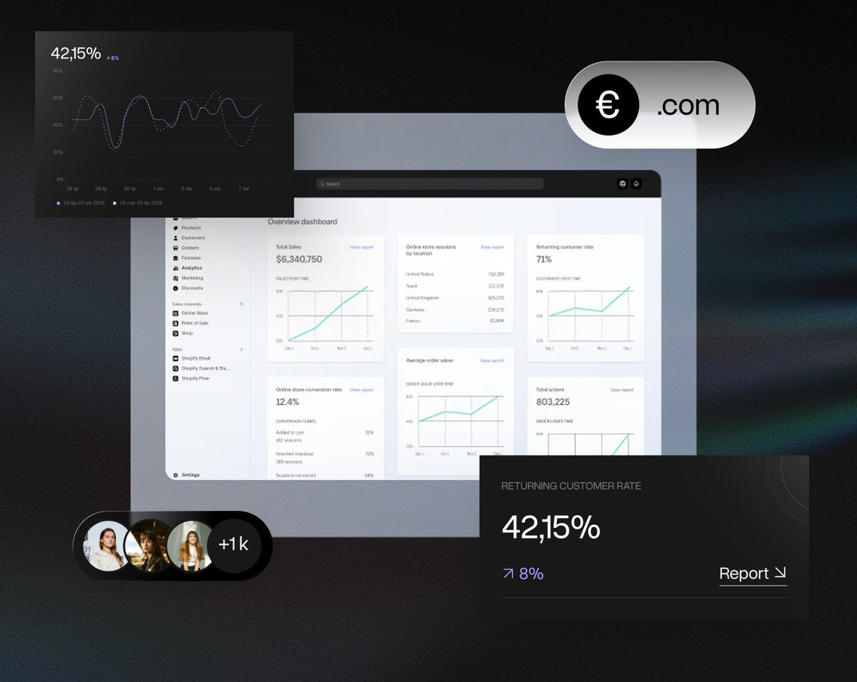 A digital mockup of a dark-themed analytics dashboard interface, showing charts, graphs, and data cards on a dark background with floating UI elements and small circular profile thumbnails.